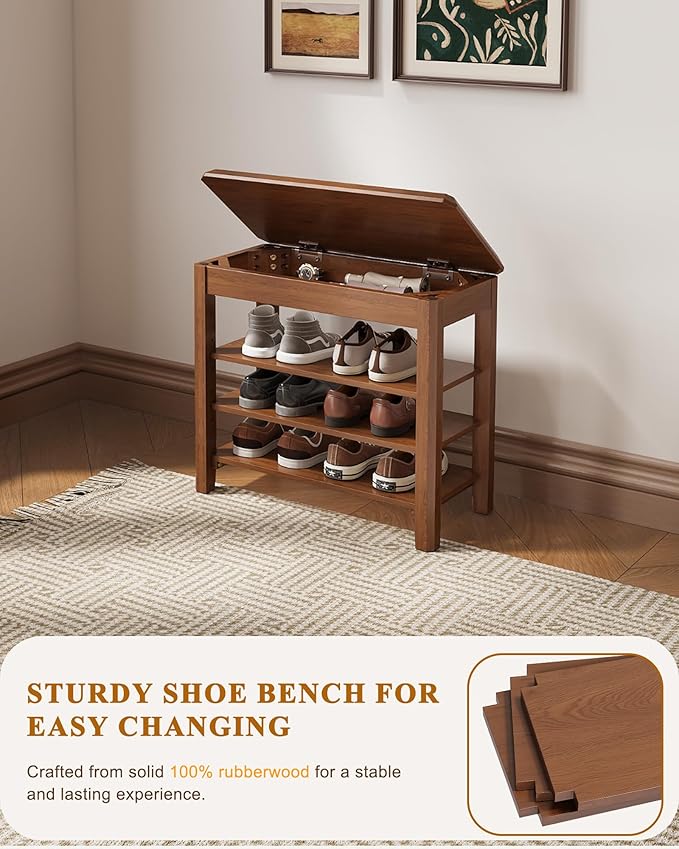 Shoe Rack Bench Seat Rubberwood 3-Tier Wooden Storage Bench 550lbs Compact Mid-Century Modern Design for Entryway, Hallway, Closet, Front Door Entrance, Foyer