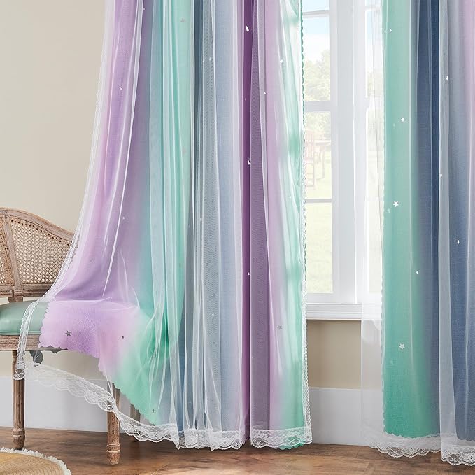 XiDi Curtains for Bedroom Decor, Rainbow Purplgreen grey34/54