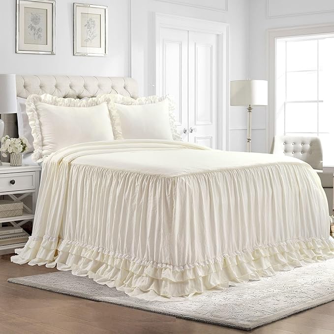 Lush Decor Ella Ruffle Lace Bedspread, 3 Piece Set, King, Neutral - Cute Bed Set - King Bedding - Beige Bedding - Coquette Decor - Neutral Ruffle Trim - Beige Lace Trim