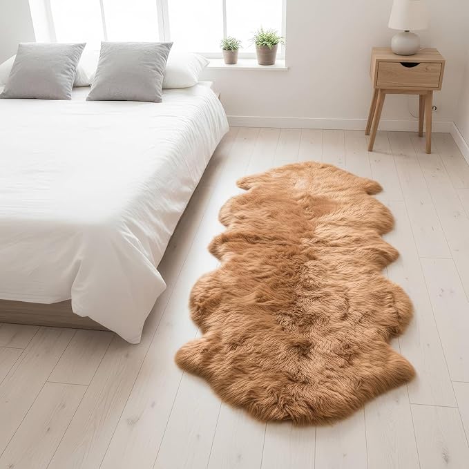 Long 2x6 Sheespkin Rug Runner - Light Brown Sheepskin Fur Rugs - Great for Draping and Floor Decor - Extra Soft New Zealand Fur - Real Sheep Skin Rug for Bedroom Living Room