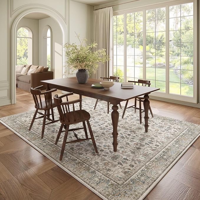 Washable 6x9 Area Rugs for Living Room, Boho Non-Slip Vintage Distress Large Rugs for Bedroom Dining Room Nursery Office, 0.3" Neutral Oriental Throw Thin Carpet, Cream/Blue/Orange/Multi