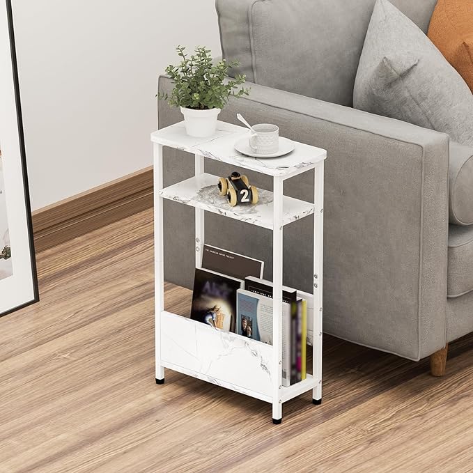 THUMEYE 7.1" Narrow Side Table for Small Spaces, 3 Tier Small End Table with Magazine Holder, Slim/Skinny Nightstand/Bedside Table, 15.4" L x 24.2" H, Faux White Marble with White Legs
