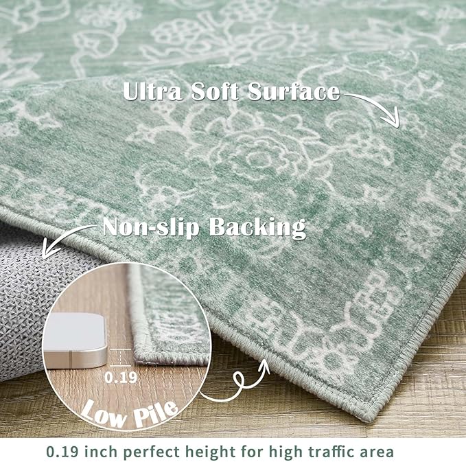 jinchan 8x10 Machine Washable Area Rugs for Living Room – Vintage Floral Soft Stain Resistant Low Pile Rug, Non Slip Ultra-Thin Carpet for Bedroom, Dining Room, Home Office, Nursery (8'x10', Green)