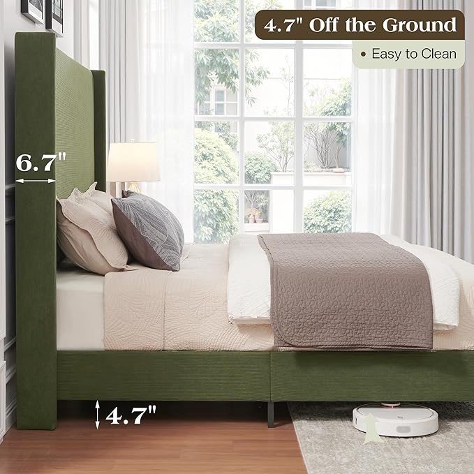 King Bed Frame with 65" Tall Headboard, Horizontal Fine Corduroy Bed Frame with Wingback, Upholstered Platform Bed, Vintage Solid Wood Gourd Legs, No Box Spring Needed, Green