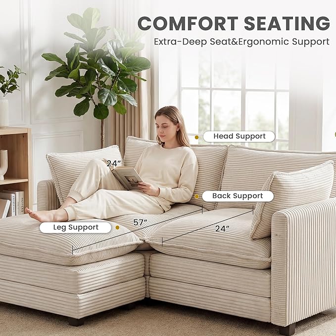 78'' Modular Sectional Cloud Couch with Movable Ottoman, 3 Seat Comfy Modern Corduroy Sofa with 2 Throw Pillows, Deep Seat L Shaped Couch for Living Room Bedroom Apartment, Beige