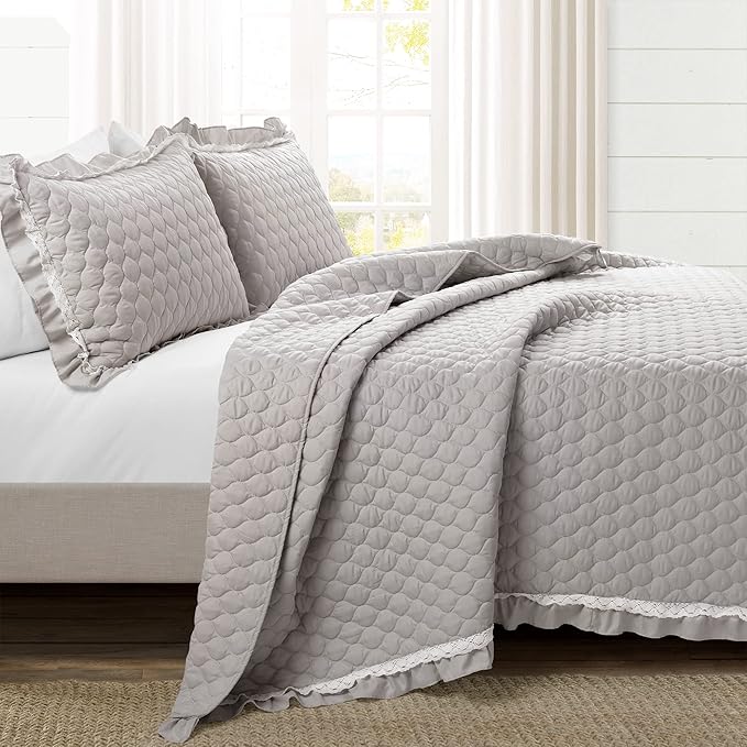 Lush Decor Ella Ruffle Lace Quilt, 3 Piece Set, King, Light Gray - Cute Quilt - King Bedding Set - Gray Bedding - Coquette Decor - Ruffle Trim - Lace Trim