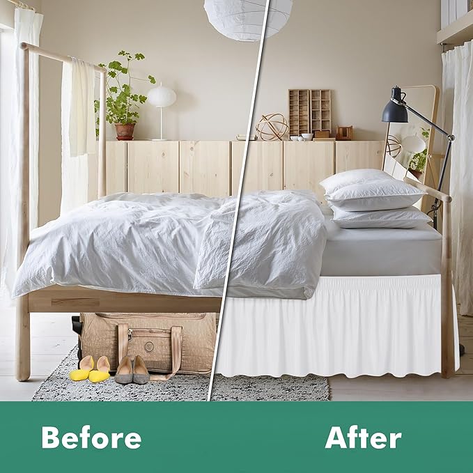 Biscaynebay Wrap Around Bed Skirts with Split Corners for Full Beds 15" Drop, White Adjustable Elastic Dust Ruffles Easy Fit Wrinkle Resistant Silky Luxurious Fabric Machine Washable