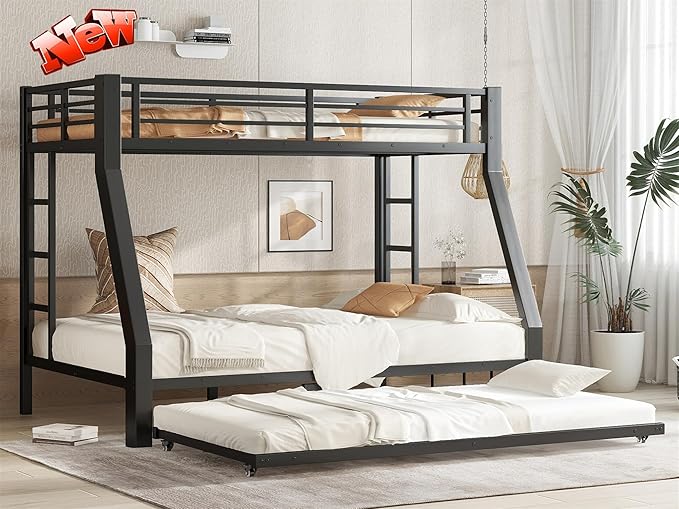 LUCALEO Stronger & Truly Reinforced Heavy Duty Metal Bunk Bed Twin Over Full Size Bunkbed, Thickened More Stable & Safer Steel Bunk Bed Frame with Twin Size Trundle (Greater Weight Capacity)