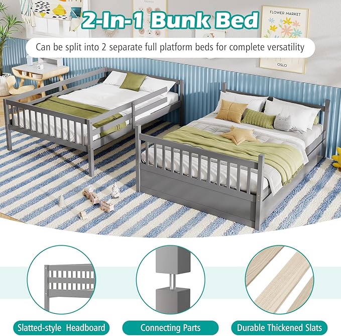 Giantex Full Over Full Bunk Bed with Trundle, Solid Wood Trundle Bed Frame w/Guardrails and Ladder, Convertible to 2 Beds, Full Size Bunk Beds for Adults Kids Teens, No Box Spring Needed, Grey