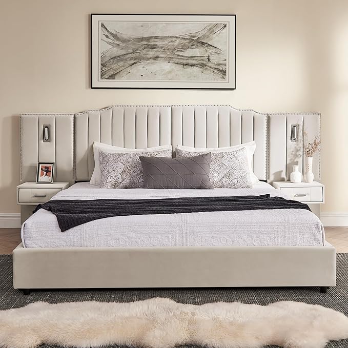 King Size Bed Frame with Storage, Luxury King Platform Bed Frame with Headboard, Velvet Fabric Upholstered Bedframe with LED Lights, Solid Frame & Bedside Table, No Box Spring Needed, Beige