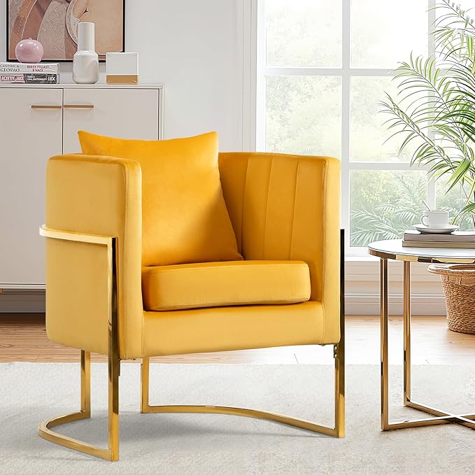 Velvet Modern Accent Chairs Set of 2, Upholstered Barrel Armchair Mid Century with Pillow for Living Room, Comfy Single Vanity Chair with Metal Gold Legs for Bedroom, Yellow