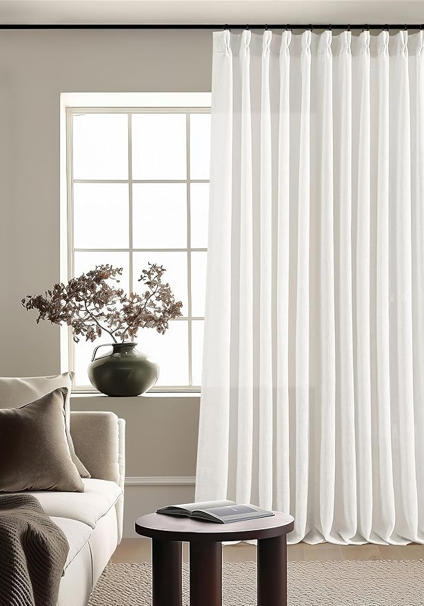 Extra Wide Pinch Pleat Curtains 120 Inches Long for Patio Sliding Glass Door White Linen 70 Inch Wide Curtain Memory Trained Pleated Drapes with Hooks Rings Semi Sheer 70x120 Curtain for Large Window