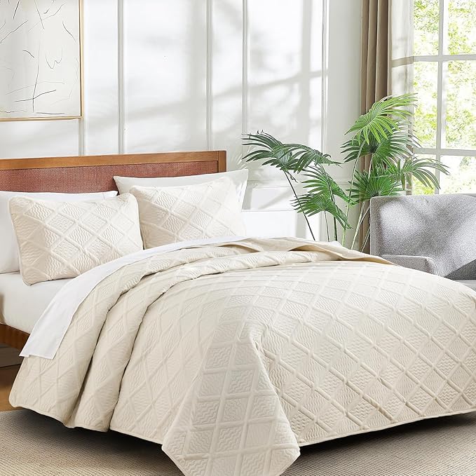 Yiran Quilt King Size Beige Summer Bedspreads Bedding Set 3 Pieces Thin Lightweight Microfiber Coverlet with 2 Pillow Shams for All Season