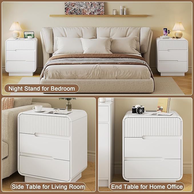 8 Drawer Dresser and 2 Nightstand Sets for Bedroom 3 Pcs Bedroom Set, Modern 39.4" Fluted Dresser with Invisible Handles Nightstand Charging Station, Bedroom Furniture Set for Living Room, White