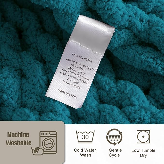 Chunky Knit Throw Blanket 50"X 60", 100% Handmade with Soft Chenille Yarn, 4.4lbs Thick Cable Knitted Blankets, Large Rope Knot Crochet Throws for Couch Sofa Bed Home Decor, Teal