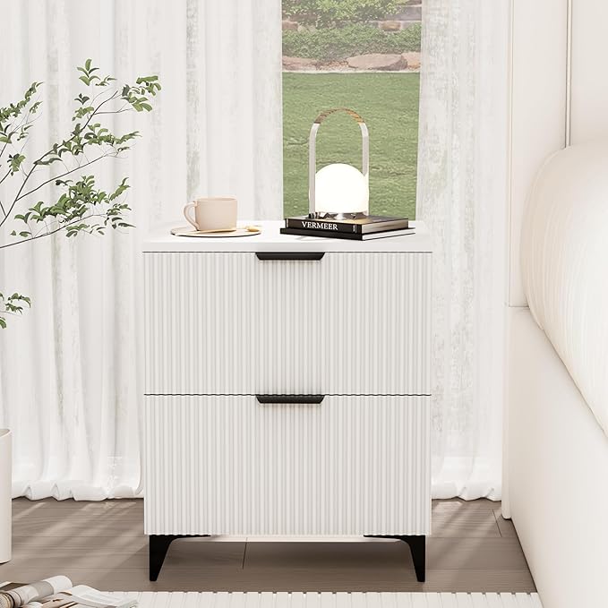 Royal Windsor Small Fluted Nightstand Set of 2 with 2 Drawers, Side End Table, Small Accent Storage Cabinet,Modern Night Stand Bedside Table for Bedroom Full Size Bed,White