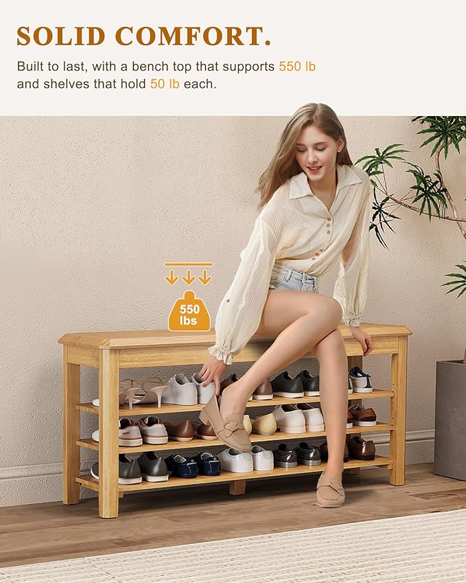Shoe Rack Bench Seat Rubberwood 3-Tier Wooden Storage Bench 550lbs Compact Mid-Century Modern Design for Entryway, Hallway, Closet, Front Door Entrance, Foyer