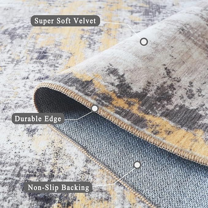 vivorug 9x12 Area Rugs for Living Room, Non Slip Machine Washable Modern Abstract Rug, Ultra-Thin Lightweight Large Area Rug for Bedroom, Dining Room, Low Pile Yellow