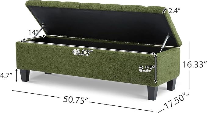 GDFStudio Boucle Storage Ottoman Bench with Button Tufting, 50.75” Upholstered Entryway Bench with Hidden Storage, Soft Close Lid, Rubberwood Legs, Extra Seating for Bedroom, Living Room – Green