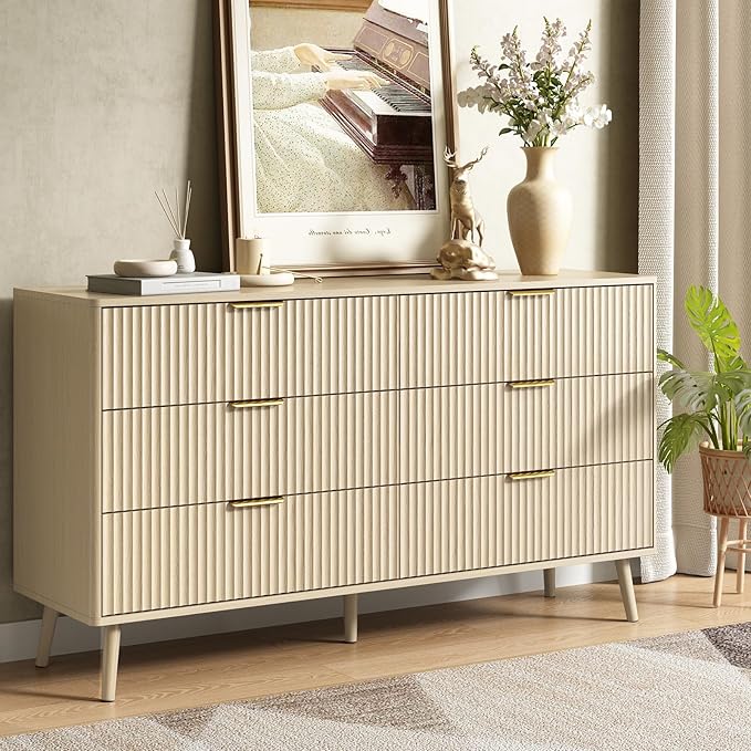 CARPETNAL Fluted 6 Drawer Dresser for Bedroom, 55" Wide Wooden Chest of Drawers with Rounded Corners, Gold Handles, Modern Storage Organizer for Bedroom, Hallway(Beige)