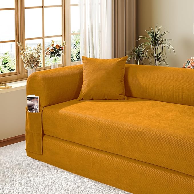 Convertible Futon Sofa Bed,80" Folding Pull Out Couch Bed with Storage,Queen Sleeper Sofa Bed,Compressed Couch in a Box,Corduroy Boneless Couches for Living Room,Yellow