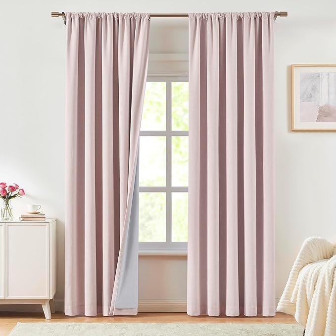 Vision Home Soft Pink Linen Full Blackout Curtains for Bedroom Living Room Darkening Energy Efficient Window Panels 72 inch Thermal Insulated Rod Pocket Back Tab Linen Drapes 56" Wx72 Lx2