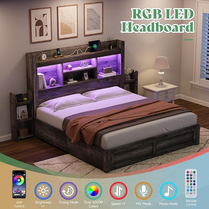 AMERLIFE Full Size Bed Frame with 4 Storage Drawers, LED Bed Frame with 49“ Tall Bookcase Headboard, Wood Platform Bed with Charging Station & 2 Slide Bedside Shelf, No Box Spring Needed/Rustic Grey