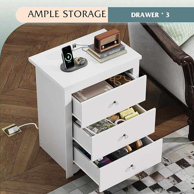 WLIVE White Nightstand with Charging Station, Wood Night Stand with 3 Drawers Storage, Tall Bedside Table End Side Tables with 2 USB Ports and Outlets for Bedroom, Closet, White