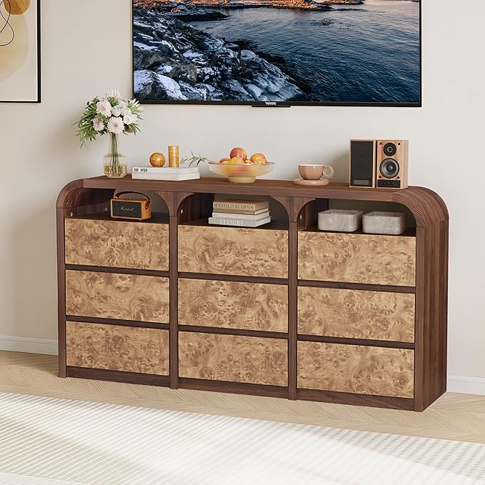 9 Drawer Dresser for Bedroom, Modern Chest of Drawers with Open Shelf, Burl Wood Long Storage Dressers for Closet, Living Room, Hallway (Walnut)