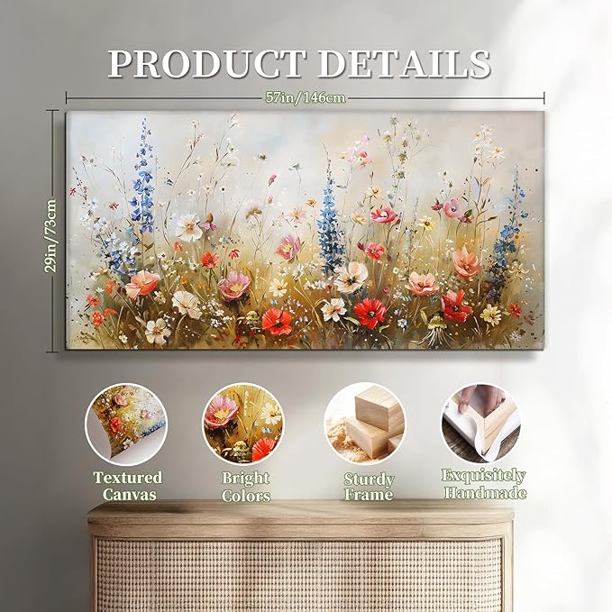 SERIMINO Modern Wildflower Wall Art, Rustic Botanical Floral Extra Large Artwork, Flower Market Canvas Art Prints, Nature Plant Wall Pictures for Living Room Dining Room Farmhouse Cottage 29X57 Inch