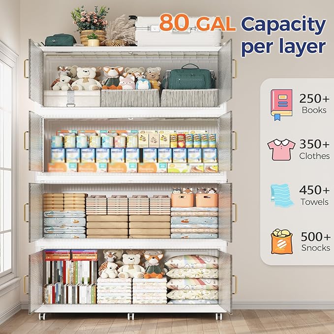 320GAL Extra Large Storage Bins with Lid, 1280QT Collapsible Organizer with Wheels, Stackable Closet Cabinet with Doors, Folding Storage Containers for Home, Office, Kitchen, 4Pack White