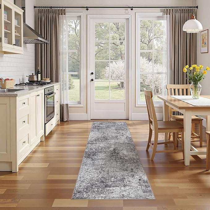Washable Runner Rug for Hallway: 2x6 Neutral Modern Abstract Low Pile Area Rug with Non-Slip Backing - Carpet for Bedroom Kitchen Laundry Entryway Bathroom Indoor - Grey