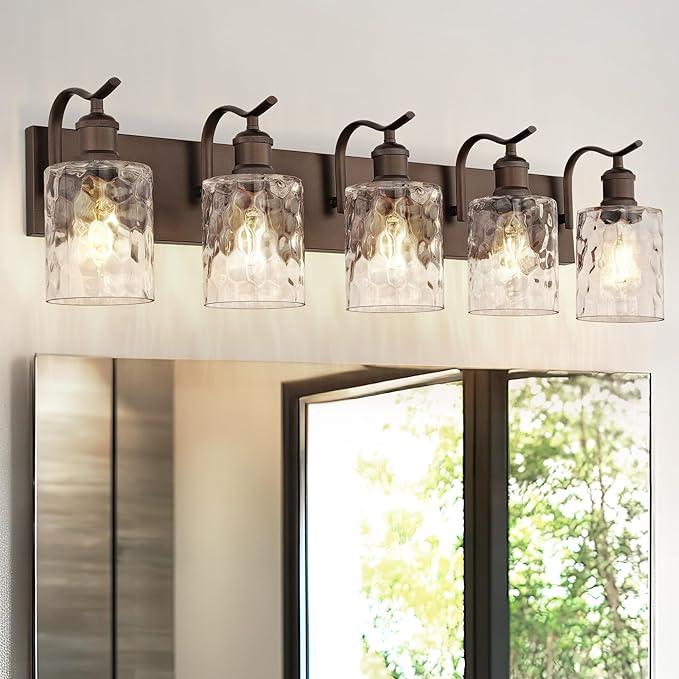 Bathroom Vanity Light Fixtures 5-Light Hammered Glass Modern Wall Mounted Over Mirror Oil Rubbed Bronze - VL01ORBH-5