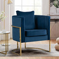 Velvet Modern Accent Chair, Upholstered Barrel Armchair Mid Century with Pillow for Living Room, Comfy Single Vanity Chair with Metal Gold Legs for Bedroom, Blue