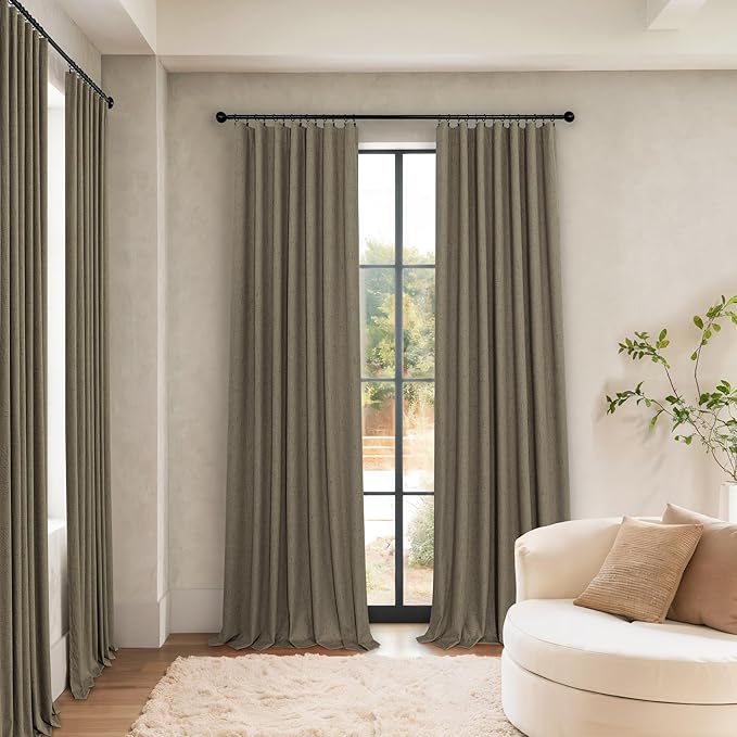 Brown Room Darkening Curtains 96 Inch Long for Living Room Dining Back Tab Linen Blackout Drapes Rustic Neutral Energy Efficient Black Out Window Curtain Panels for Bedroom Home Office Earth Cottage