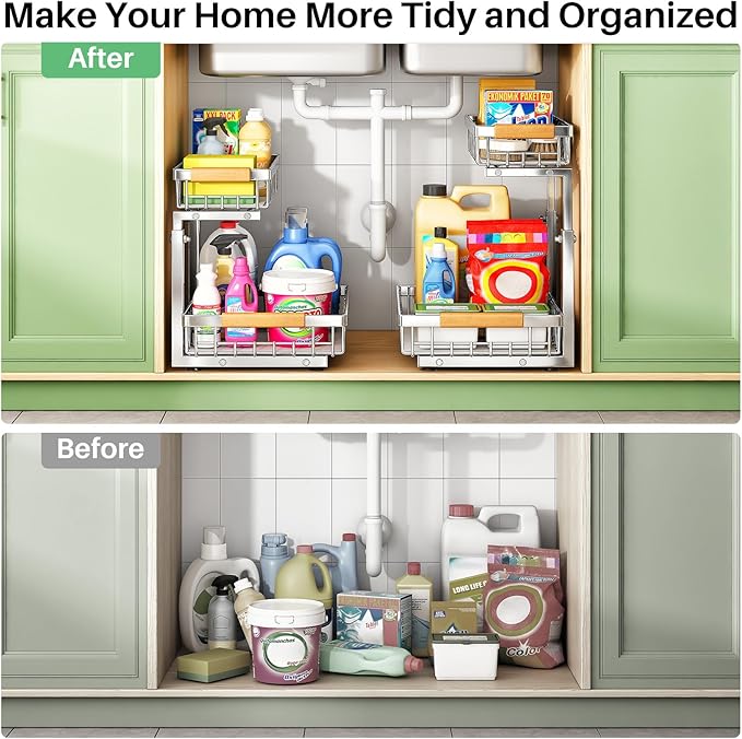 Under Sink Organizer, Stainless Steel 1-Pack 2 Tier Under Sink Organizers and Storage, Slide out Pull out Cabinet Shelf, Sliding Drawer for Kitchen Bathroom Pantry Cabinet Closet Organization Rack