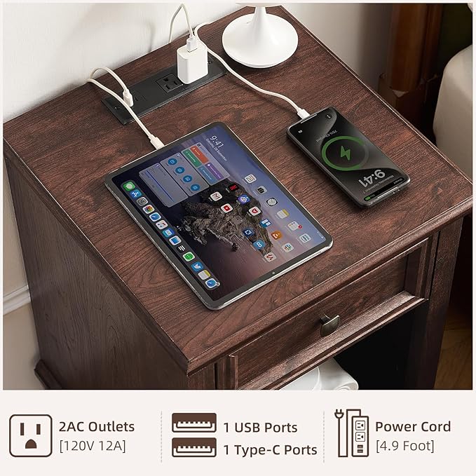 SAVOR LIFE Farmhouse End Tables Living Room with Drawer, Rustic Wood Nightstand with Charging Station, Brown Bedside Table with Open Shelf for Bed Room, Living Room, Walnut