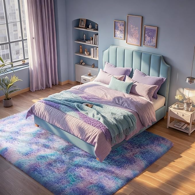 Ophanie Rainbow Purple Mermaid Rugs for Living Room 6x9, Kids Fluffy Shag Fuzzy Plush Soft Carpets, Floor Shaggy Area Rugs for Bedroom, Carpet for Kids Girls Dorm Nursery Home Decor Aesthetic