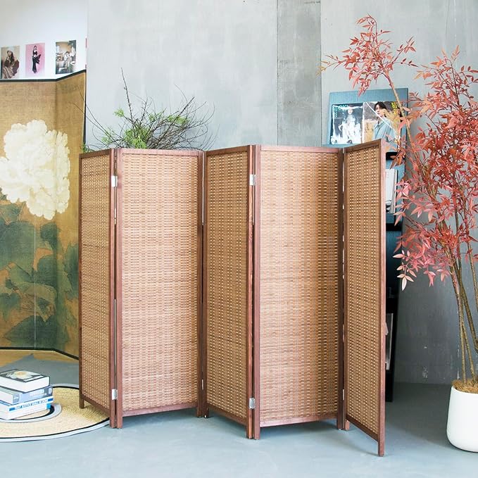 5 Panel Short Room Divider Screen,Brown Freestanding Partition,Small Bamboo Panel Divider for Room Seperation,3.95 FT Tall