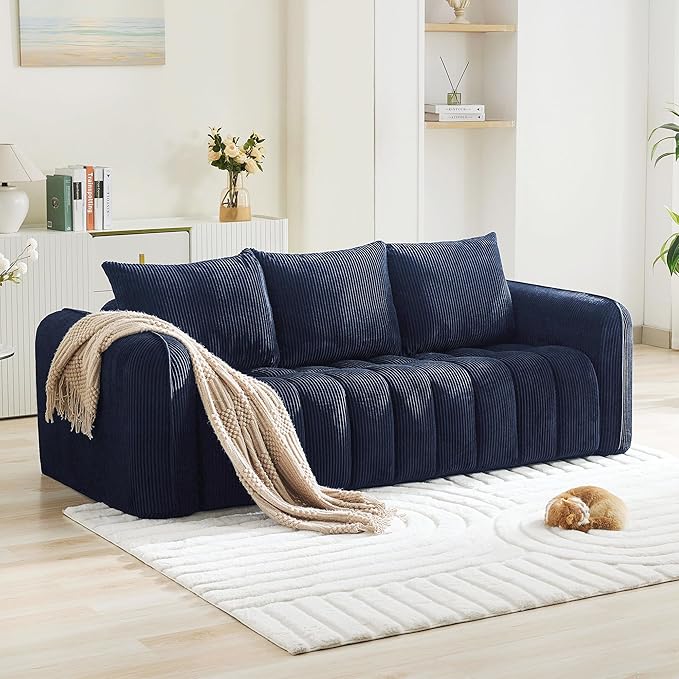 Corduroy Boneless Living Room Sets, Modern Upholstered 3 Seater Sofa with 2 Signle Accent Chairs, Comfy Deep Seat Cloud Sofa Couch Sets for Living Room, Navy
