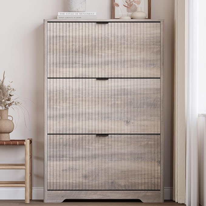 Entryway Shoe Cabinet with 3 Flip Drawers, Narrow Shoe Organizer Cabinet with Fluted Panel and Adjustable Shelves for Foyer, Hallway