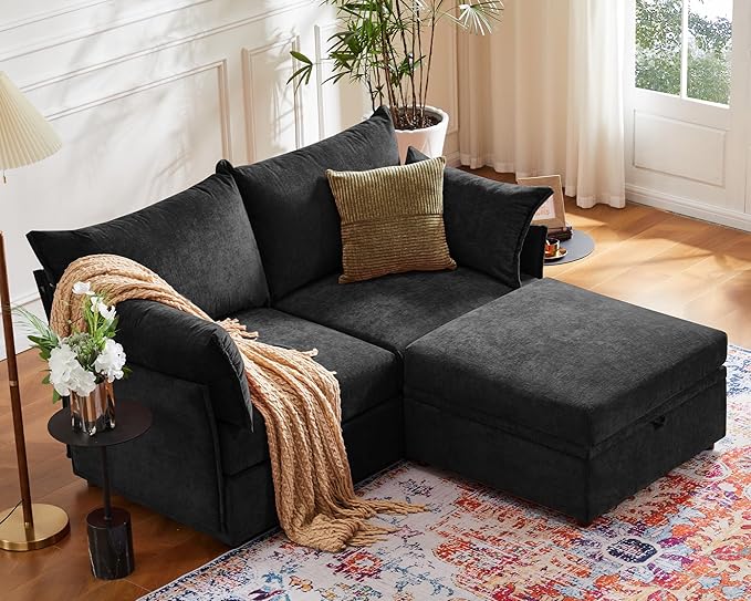 ABCASA Luxury Modular Sectional Sofa, L-Shaped 3-Seat Couch with Storage Ottoman Deep Seat & Reversible Chaise Lounge Chenille Black for Compact Spaces, Apartments, Dorm