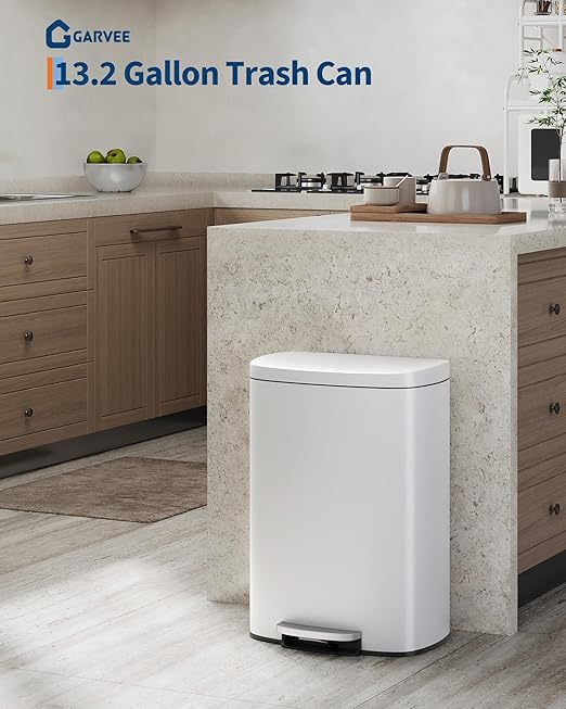 GarveeHome Stainless Steel Kitchen Trash Can, 13 Gal / 50 L Step-On Garbage Bin with Soft Close Lid, Large Rustproof Metal Trash Can for Kitchen, White