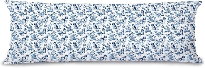 Chinoiserie Cavalier King Charles Spaniel Dog 20x54 Body Pillow Cover with Zipper,Blue and White Grandmillennial French Country Cavalier Dog Decorative Body Pillow Cases for Bed Couch