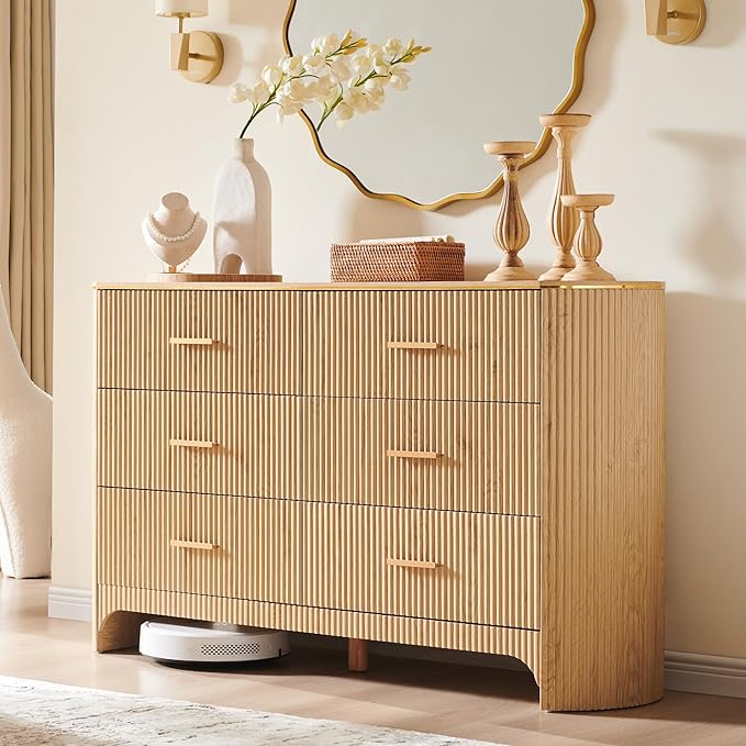 Fluted 6 Drawer Dresser for Bedroom with Curved Profile Design, 53.9 Inch Wide Chest of Drawers, Smooth Glide Storage Cabinet for Living Room, Natural Oak