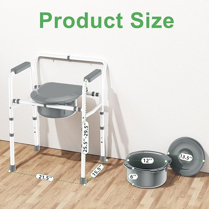 ZOLIQUEX 3 in 1 Bedside Commodes Chair for Seniors with Arms, Portable Width 21.5'' Steel Potty Chair for Elderly Adults with 5 Adjustable Height, Supports Up To 350lb, 6QT Bucket, Tool-Free Assembly