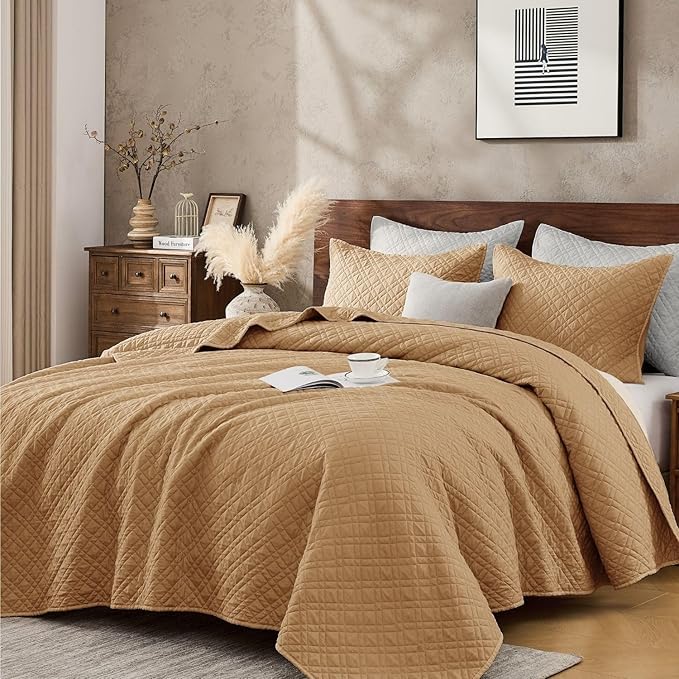 King Quilt Set with Shams Lightweight Quilted Bedspread Coverlet Thin Comforter Bed Cover Vintage Washed Quilted Blanket for All Season, Brushed Microfiber Diamond Stitching, Brown, 104"x92"