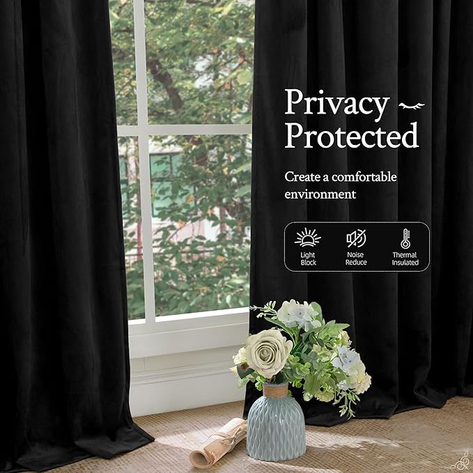 LAMIT Halloween Black Velvet Curtains for Bedroom 72 Inch, Luxury Thermal Room Darkening Drapes Back Tab and Rod Pocket Privacy Blackout Panels for Movie Theater, 2 Panels, 52 x 72 Inch