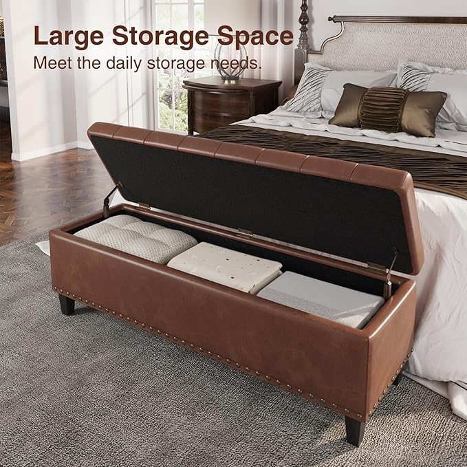 Storage Ottoman Bench,51-Inch Large Storage Bench for Bedroom End of Bed, 30 Gallons Faux Leather Ottoman with Storage for Bedroom, Living Room, Entryway, Hallway,Brown