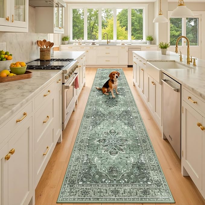 Area Rugs 3'x10' Washable Non-Slip, Floral Vintage Distress Print Pattern Medallion Carpet for Living Room Bedroom Dining Room, Dark Green Gray
